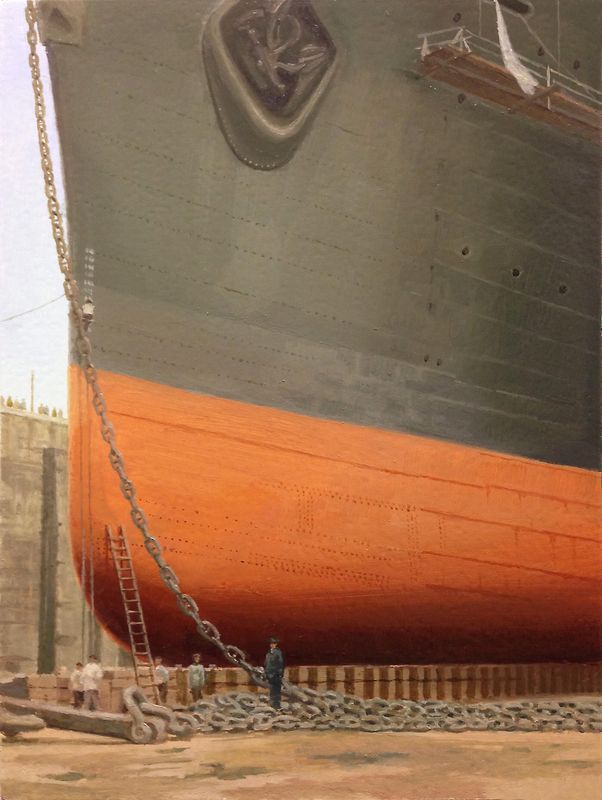 Worker painting the draft marks. Saint-Nazaire 1932 / SS NORMANDIE/ Oil on panel 18 x 24 cm *