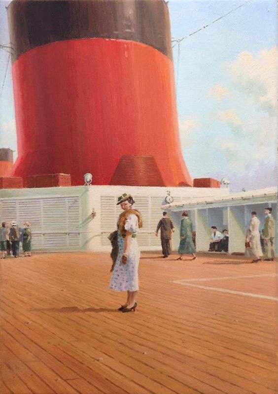 Coquettish woman on deck of the S.S. NORMANDIE. Oil on canvas 18 x 26 cm *