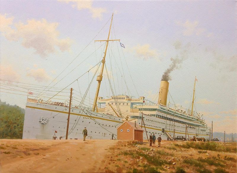 Royal Mail crusing vessel ATLANTIS moored at Norway in the 1930s / Oil on canvas 40 x 30 cm