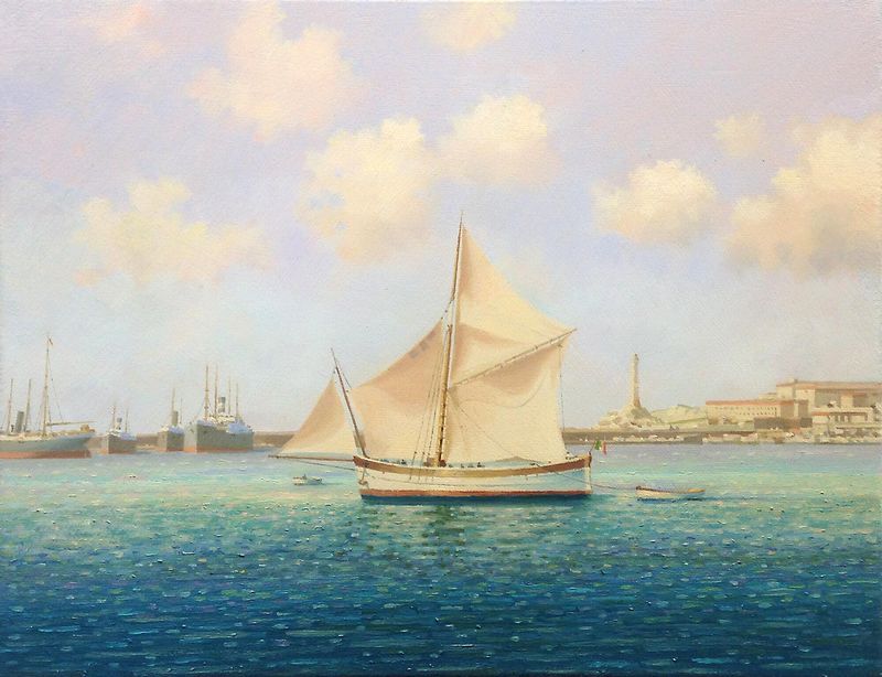 Segelschiff im Hafen von Genua / Oel auf Leinwand 27 x 35 cm / 2017 *