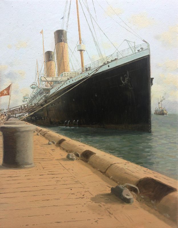 RMS OCEANIC at their pier in Liverpool 1900. / Oil on canvas 30 x 40 cm