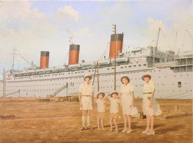 S.S. IlLE DE FRANCE moored at DAKAR in Senegal 1946 / Oil on canvas 40 x 30 cm *