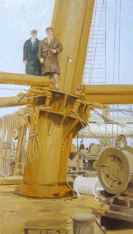 ON THE MAINMAST/ RMS Majestic / Oil on wood 13 x 22 cm