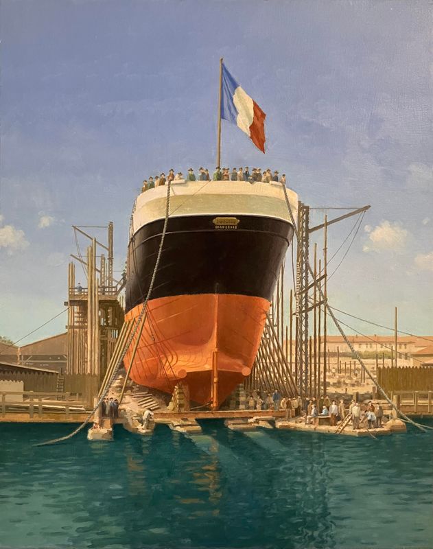 LOUQSOR vor dem Stapellauf 1904 / Messageries Maritime / La Ciotat / Oel auf Holz 40x50cm / 2023