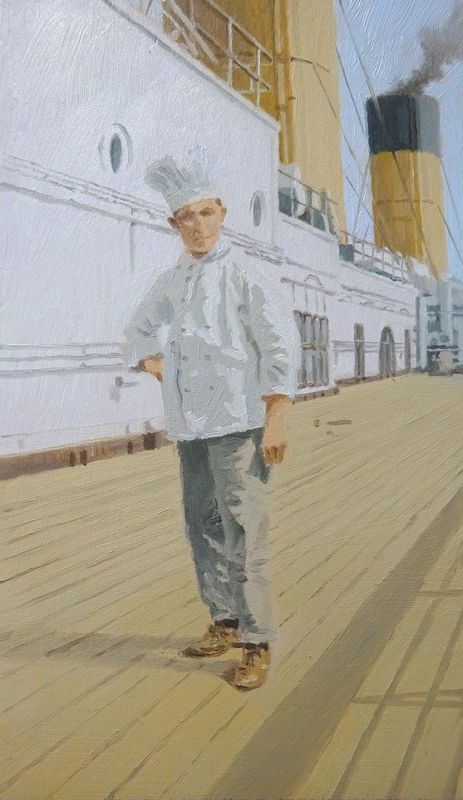 Cook on the S.S. MAJESTIC / Oil on wood 13 x 22 cm