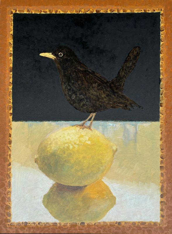 Amsel mit Zitrone / Oel auf Holz 18x24cm / 2025 *