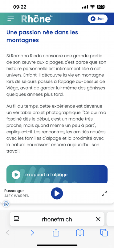 Petite interview sur RhôneFM à propos de mon exposition ESTIVAGES à la Médiathèque du Valais Martigny.https://www.rhonefm.ch/valais/a-martigny-romano-riedo-immortalise-l-ame-des-alpages-suisses-1629673?utm_source=native&amp;utm_medium=share&amp;utm_campaign=article&amp;utm_term=2026-06-27