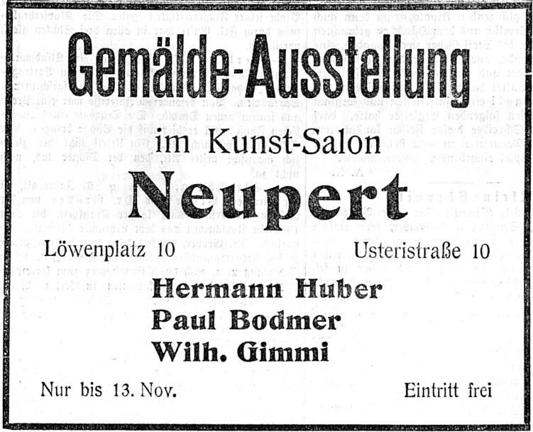 1911, Hermann Huber, Paul Bodmer, Wilhelm Gimmi, Kunst-Salon Neupert, Löwenplatz 10, Zürich