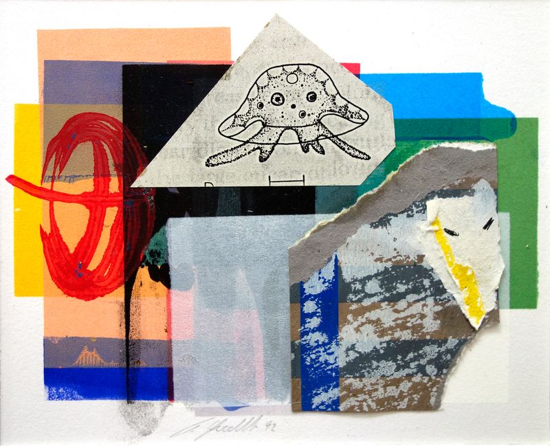 Viren, Siebdruck, Collage auf Karton, 15 x 21 cm, 1992