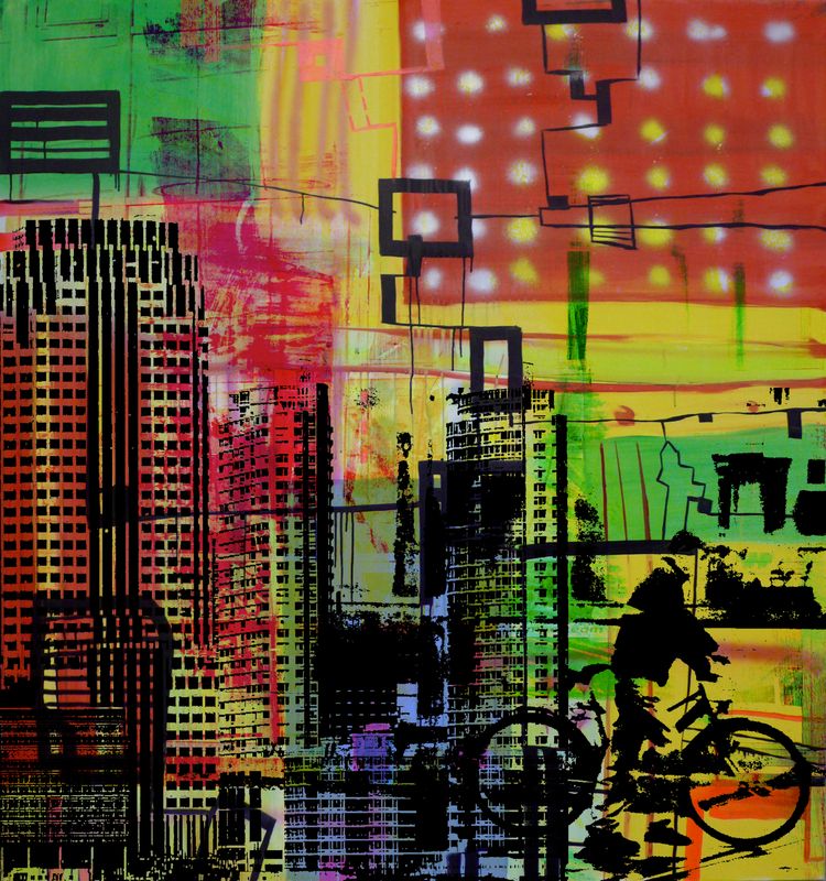 Der Velofahrer in der Stadt, 160 x 150 cm, Airbrush digital / Acryl auf Leinwand, 2008, Privatbesitz