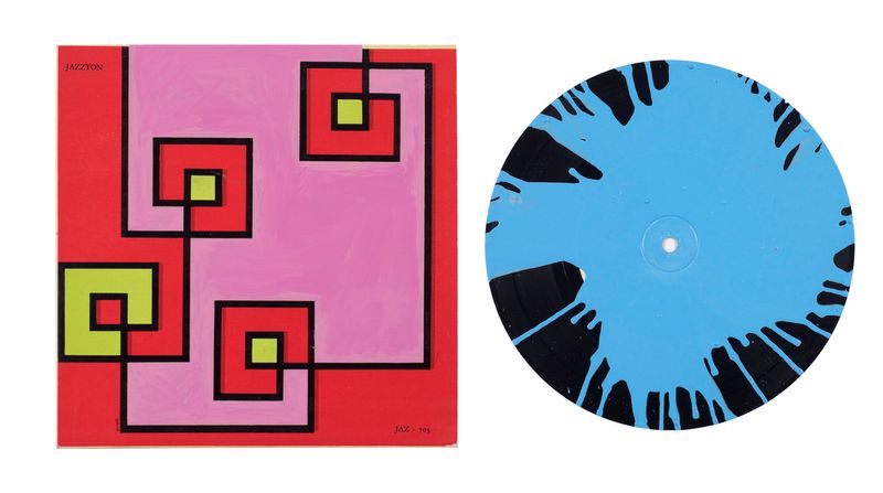 2015 Montage Nr 3 (©2016, ProLitteris, Zürich), zweiteilig: 18.6 x 18.5 cm und Kreisdurchmesser 17.4 cm, Acryl auf Vinyl und Karton