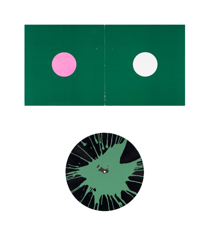 2015 Montage Nr 1 (©2016, ProLitteris, Zürich), zweiteilig: 30.6 x 60.4 cm und Kreisdurchmesser 29.9 cm, Acryl auf Vinyl und Karton