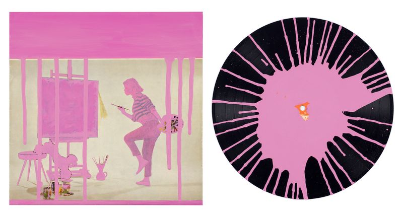 2015 Montage Nr 2 (©2016, ProLitteris, Zürich), zweiteilig: 26.1 x 26 cm und Kreisdurchmesser 24.9 cm, Acryl auf Vinyl und Karton