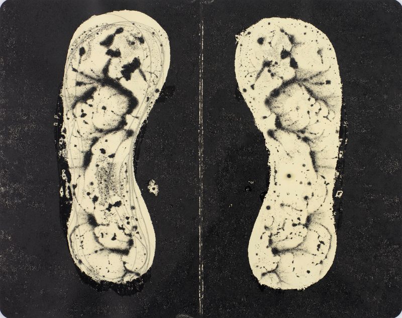 2018 Nr 38 [18/38] Impression zersetzte Bergschuhsohle (©2019, ProLitteris, Zürich), 20.8 x 26.1 cm, vulkanisierter Gummi und Industriefarbe auf Papier