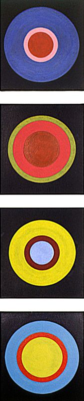 2002 Nr 1-4 (©2014, ProLitteris, Zürich), vier je 26 x 24 cm; Dispersionsbinder, Pigment auf Baumwolle, (Privatbesitz)