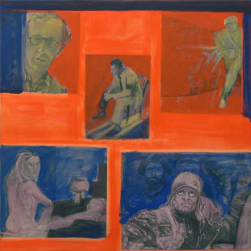 2003/04-06 Nr 9 &quot;Montage mit Zeitungsbild aus Tschetschenien&quot; (©2014, ProLitteris, Zürich), 72 x 72 cm, Acryl und Öl auf Baumwolle