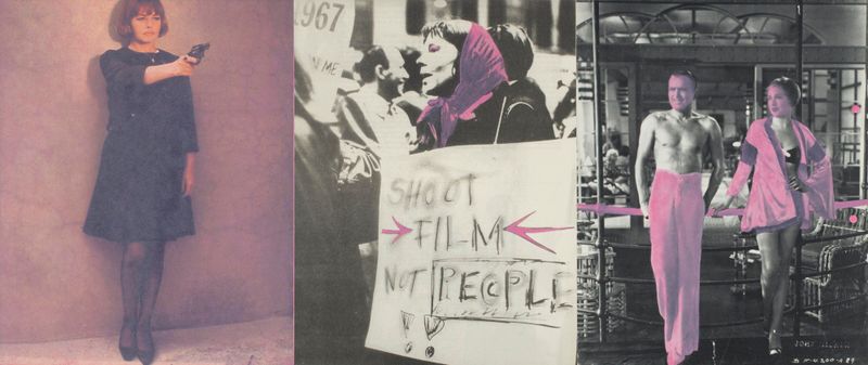 2015 Montage Nr 7 (©2016, ProLitteris, Zürich), 26.8 x 63.6 cm, Öl auf Filmzeitschriften [Jeanne Moreau („La mariée était en noir,“ Regie François Truffaut); Peggy Lawson (Demonstration gegen den Vietnam-Krieg, Foto aus dem Film „Dialoge with a Woman Departed,“ von Leo Hurwitz); Douglas Fairbanks und Mary Pickford (Foto aufgenommen auf „Pickfair“)]