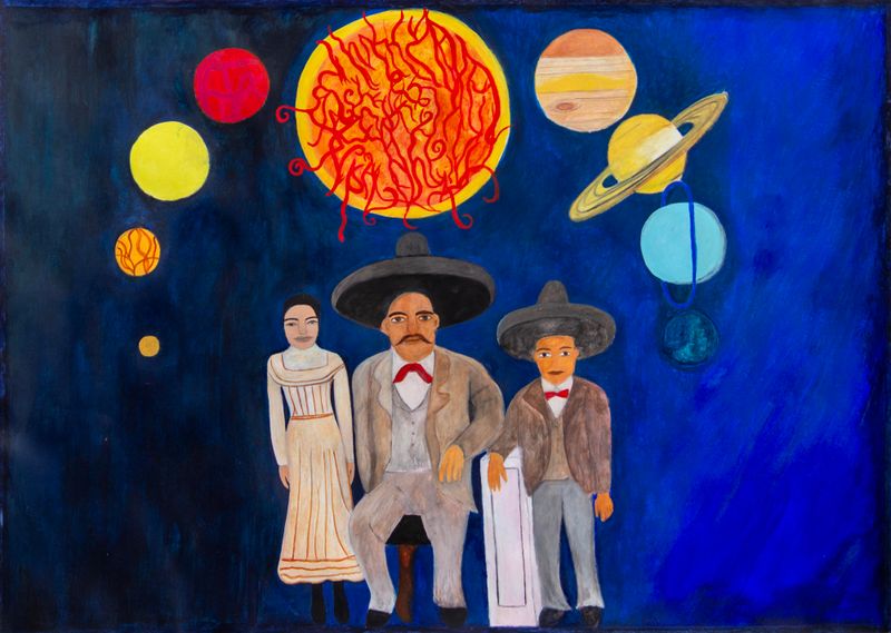 Zapata, our planet and the universe, 2022
Acrylfarbe und Buntstift auf Papier, 70 × 50 cm