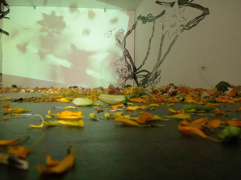 Ausstellungsansicht, Künstlerhaus Solothurn, Annatina Graf, «unverblümt», Videoprojektion, Wandzeichnung, Blütenteppich, 2003