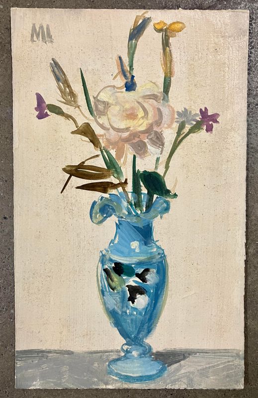 [Sommerstrauss in blauer Vase]