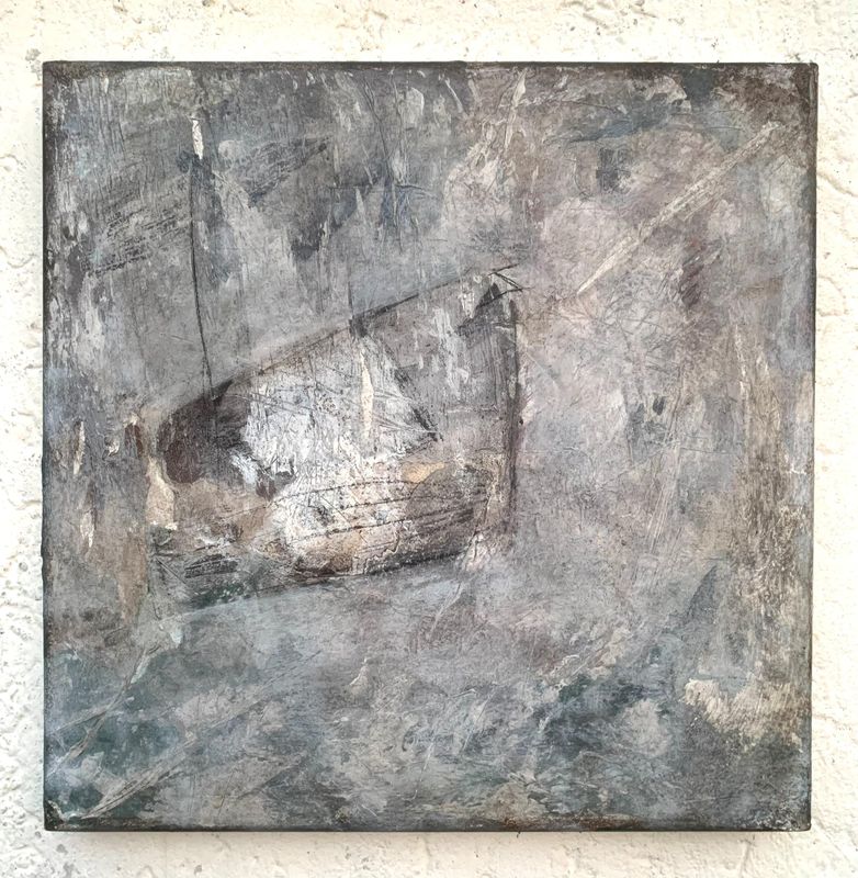 Acryl, Teer und Zellulose auf Leinwand