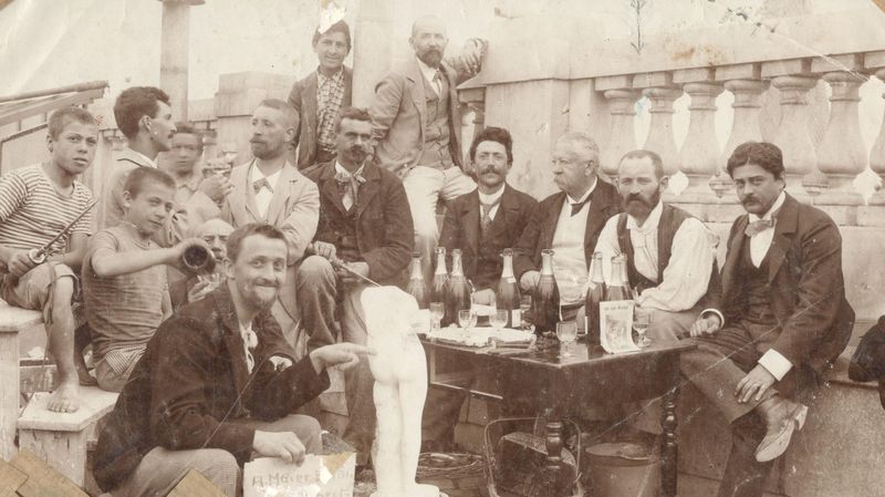 Boscovits (ganz r.) zu Gast bei Arnold Böcklin (3. v. r.) in Fiesole, 1896.