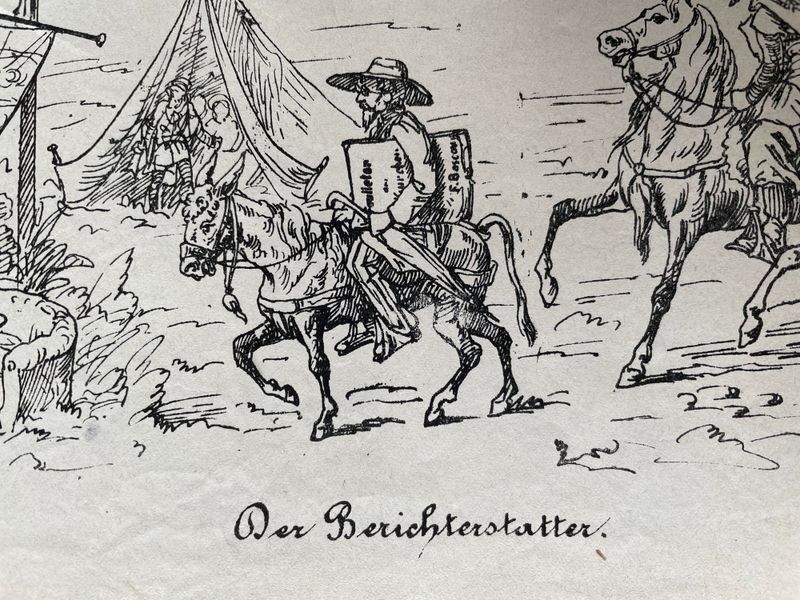 Sechseläuten 1870, Zugszeichnungen (Detail), signiert an unüblicher Stelle: auf der Mappe des Berichterstatters.