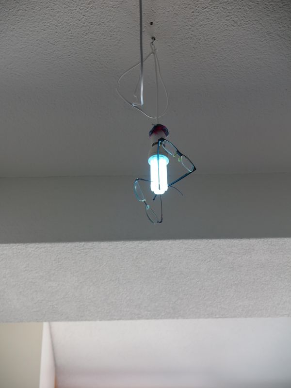 Ray Hegelbach, Untitled (Tadpole pupils) 2021, Schwarzlicht, Brillen, Hut