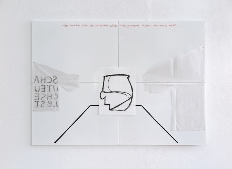 Untitled (Alleglaubenda--) 2026 Kohle, Kreide, Cutouts auf Metallboards, 140 x 100cm