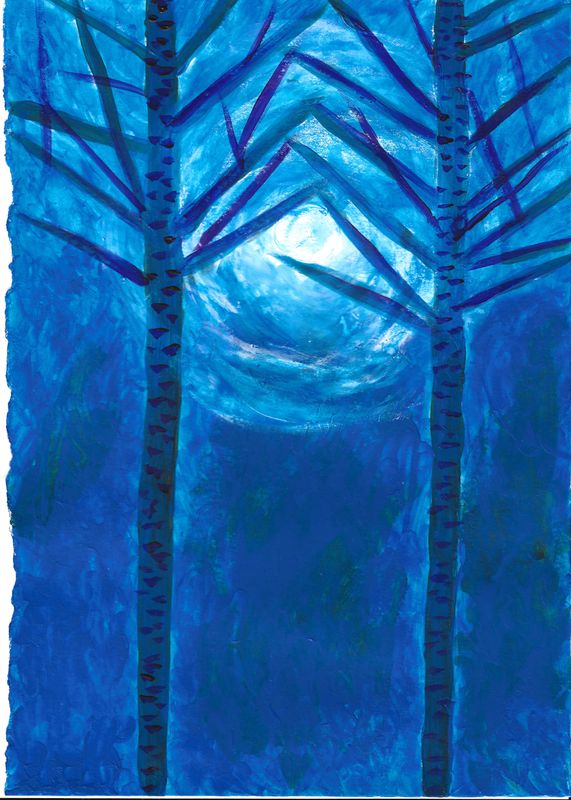 Blauer Mond Nacht, 21 x 14,8 cm, Acryl auf Papier