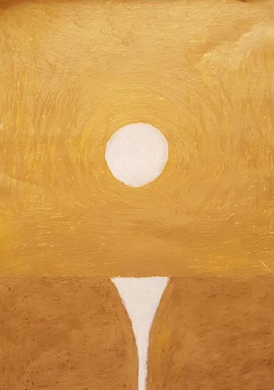 Sonnenlandschaft gold, 21 x 14,8 cm, Ölpastellstift auf Papier