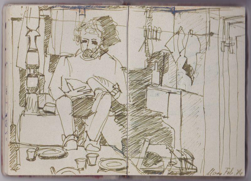Tomi auf dem Ofen am Lesen, Uors Lumnezia, Februar 1986