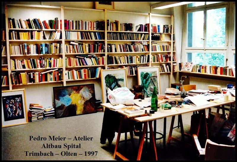 Pedro Meier Atelier 1997 – Altbau Spital – Trimbach bei Olten – ehemalige Druckerei Rentsch – Atelier und Bibliothek – Pedro Meier, Schriftsteller und Multimedia Artist – Atelier in Niederbipp am Jurasüdfuss – Kunsthalle Olten Offspace – seit über 40 Jahren Dschungel-Atelier am Golf von Siam Thailand – Gallery Bangkok BACC – Visarte Schweiz – Autorenlexikon AdS Autorinnen und Autoren der Schweiz – Künstlerlexikon SIKART Zürich