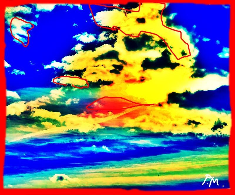 Pedro Meier – Wolken über dem Mittelland – aus Zyklus Wolken &amp; Himmel – Pentimenti, Imaginär, Symbolismus,  Surrealismus – Lyrische Abstraktion – Solarisation, Visuelle Verfremdung. Overpainted Photographs – Mixed Media 2023 – by Pedro Meier Artist &amp; Writer, Visarte, Künstlerlexikon SIKART Zürich – Ateliers: Niederbipp am Jurasüdfuss – Kunsthalle Olten Offspace – Studio &amp; Atelier in Bangkok BACC Thailand
