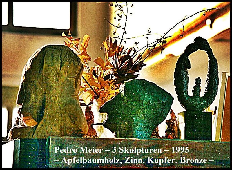 Pedro Meier – 3 Skulpturen (Apfelbaumholz, Zinn, Kupfer, Bronze) 1995. Atelier Alte Gerberei Aarburg. Artwork by Pedro Meier Artist & Writer, Künstlerlexikon SIKART Zürich Visarte