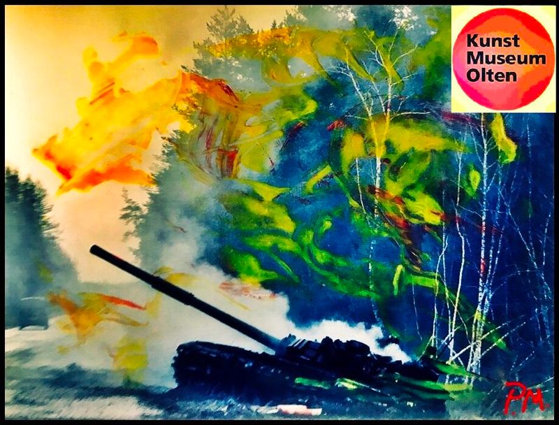 Pedro Meier Kunstmuseum Olten Ausstellung 2024 Overpainted Photographs, Zyklus Ukraine Krieg, Artwork by Pedro Meier Artist &amp; Writer, Referenz Walter Benjamin – Ästhetik des Krieges, Dix, Goya. Kuratiert: Dorothee Messmer, Katja Herlach, Eleonora Mariotta – In der Ausstellung sind 10 kleinformatige Arbeiten aus einem Zyklus von 30 übermalten Presse-Fotografien des Ukrainekriegs von 2023 zu sehen. Pedro Meier versteht sie als kulturhistorische Referenz auf Walter Benjamins «Ästhetik des Krieges», 1936 als Nachwort zum ikonischen Text «Das Kunstwerk im Zeichen seiner technischen Reproduzierbarkeit» erschienen. Der Philosoph denkt darin über die Ästhetisierung der Politik im Faschismus nach, die seiner Meinung nach zwangsläufig im Krieg mündet.