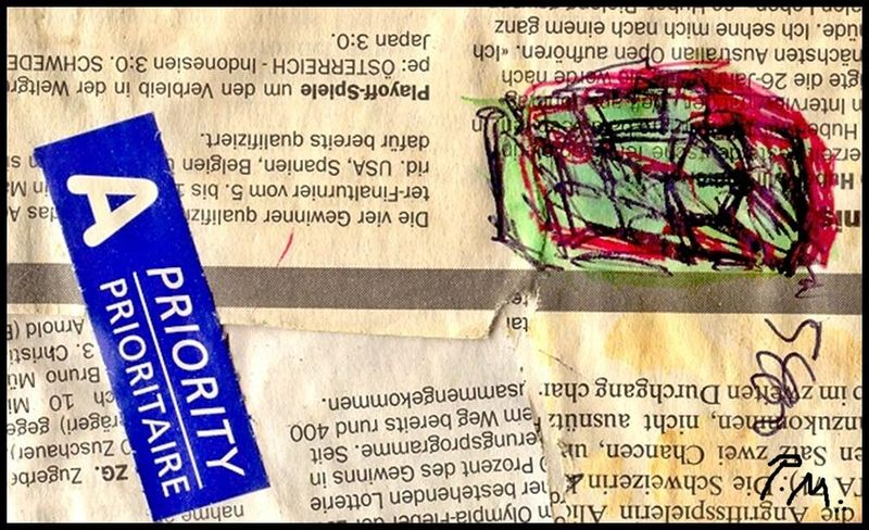 Pedro Meier Mail Art, Mini-Zeichnung auf Zeitungspapier, Correspondence Art, postal art, Mail Artwork, Postkunst Korrespondenzkunst, Ewiges Netzwerk FLUXUS, 2012 signiert Pedro Meier Schriftsteller Künstlerlexikon SIKART Zürich, Autorenlexikon ADS Schweiz