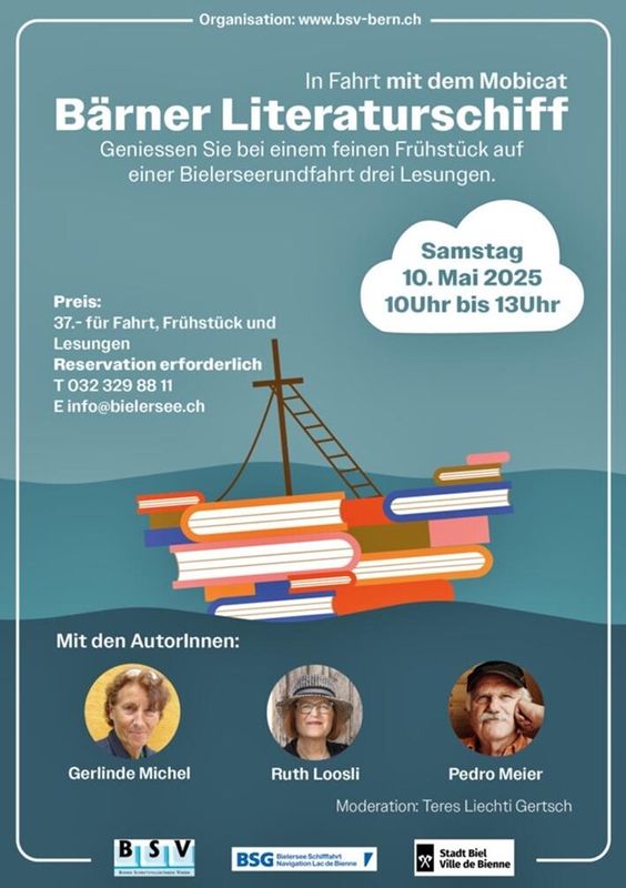 Pedro Meier – Lyriklesung – Bärner Literaturschiff Bielersee, Samstag, 10. Mai 2025 – Abfahrt Biel 10 Uhr bis 13 Uhr – organisiert vom Berner Schriftsteller und Schriftstellerinnen Verein BSV – es lesen: Pedro Meier, Gerlinde Michel und Ruth Loosli – Moderation Teres Liechti Gertsch – www.literaturport.de/lexikon/pedro-meier/ *
https://de.wikipedia.org/wiki/Pedro_Meier – Wikipedia
*