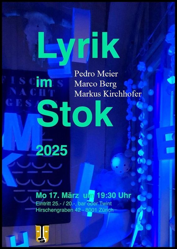 Pedro Meier Lyriklesung – Theater Stok, Hirschengraben 42, Zürich, Montag 17. März 2025 um 19.30 Uhr. Lesung im Rahmen der Veranstaltung "Lyrik im Stok". Es lesen: Pedro Meier, Marco Berg und Markus Kirchhofer – Moderation Christina Steybe – www.literaturport.de/lexikon/pedro-meier/ *
https://de.wikipedia.org/wiki/Pedro_Meier – Wikipedia
*