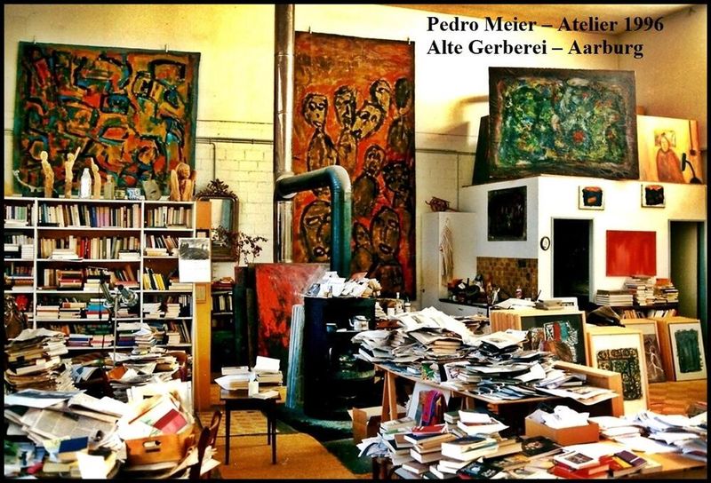 Pedro Meier Atelier 250 m² 1996 Alte Gerberei Aarburg, Wandbild »Tanzende Babylonische Sklaven«, Öl auf Jute 370 × 200 cm, Kleinskulpturen, Artist&#39;s book, Manuskripte, Bibliothek, Work in Progress by Pedro Meier, Schriftsteller Lyriker, Multimedia Artist – www.literaturport.de/lexikon/pedro-meier/ *
https://de.wikipedia.org/wiki/Pedro_Meier – Wikipedia
*