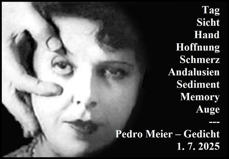 Pedro Meier – TAG SICHT HAND – Bildgedicht 2025 – Pedro Meier Schriftsteller, Lyriker, Multimedia Artist, Conceptual Art, Spoken, Word Performance, Bild 1929 Ein andalusischer Hund, Film Luis Buñuel, Salvador Dalí – Pedro Meier Autorenlexikon AdS Schweiz – www.literaturport.de/lexikon/pedro-meier/ *
https://de.wikipedia.org/wiki/Pedro_Meier – Wikipedia
*
