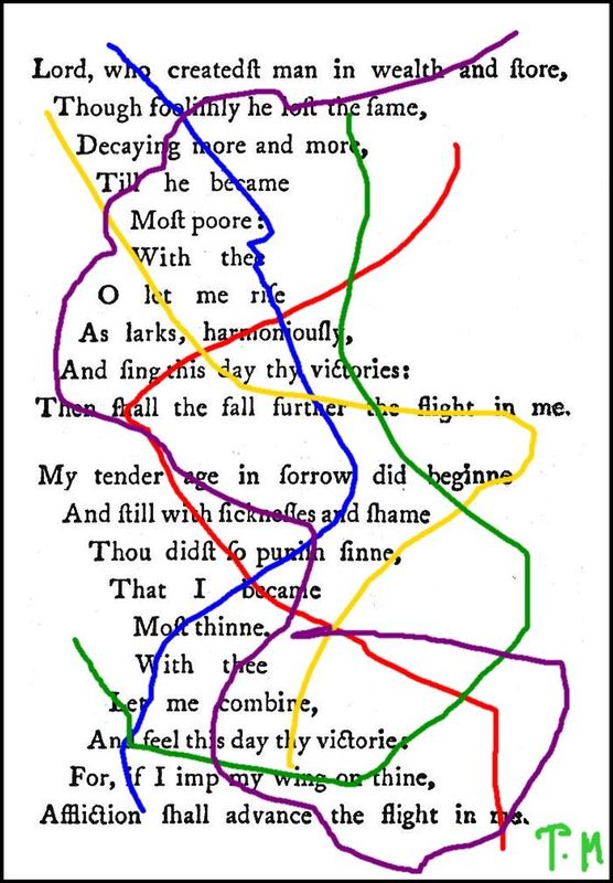 Pedro Meier Visuelle Poesie, Konkrete Poesie, Paraphrase zu »Easter Wings«, von George Herbert (1593–1633), Overpainted Poesie. Palimpsest , Pedro Meier, Lyriker, Schriftsteller, Multimedia Artist, Zyklus Übermalte Gedichte, Digitale Poesie, Interaktive Poesie – www.literaturport.de/lexikon/pedro-meier/ *
https://de.wikipedia.org/wiki/Pedro_Meier – Wikipedia
*