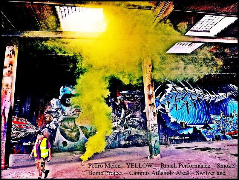 Pedro Meier, YELLOW,  Rauch Performance, Installation, Color Smoke Bomb Project King&#39;s Hall of Fame, Graffiti Sèyo Urban Street Art, Campus Attisholz Areal Solothurn, Art-Performance 2019 by Pedro Meier, Schriftsteller, Multimedia Artist, Gesamtkunstwerk – www.literaturport.de/lexikon/pedro-meier/ *
https://de.wikipedia.org/wiki/Pedro_Meier – Wikipedia
*