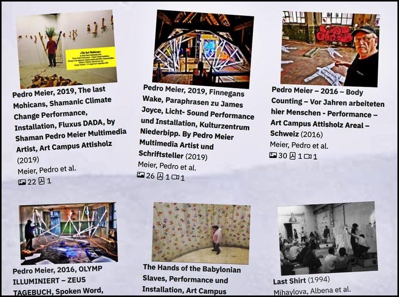 Pedro Meier, Katalog Sammlungen Performance Kunst Schweiz, Ausstellung BANG BANG, translokale Performance Geschichte:n – Museum Tinguely Basel, Juni-August 2022, Revolving Histories. Pedro Meier mit 5 Performance beteiligt plus Dokumentationen und Videos – www.literaturport.de/lexikon/pedro-meier/ *
https://performance.sammlung.cc/grid/de?search=Pedro+Meier&amp;cursor=eyJmcm9tIjotMSwic2l6ZSI6MjV9https://de.wikipedia.org/wiki/Pedro_Meier – Wikipedia
*