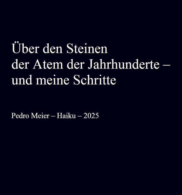 Pedro Meier Kyoto Atelier Haiku 2025 – Über den Steinen – der Atem der Jahrhunderte – und meine Schritte – Zen-Buddhismus, Songline-Atelier Outback, Sommeratelier Grönland – Kiyomizu-dera – Kinkaku-ji – Kenninji – Tofukuji – Pedro Meier, Schriftsteller, Artist – www.literaturport.de/lexikon/pedro-meier/ *
https://de.wikipedia.org/wiki/Pedro_Meier – Wikipedia
*
