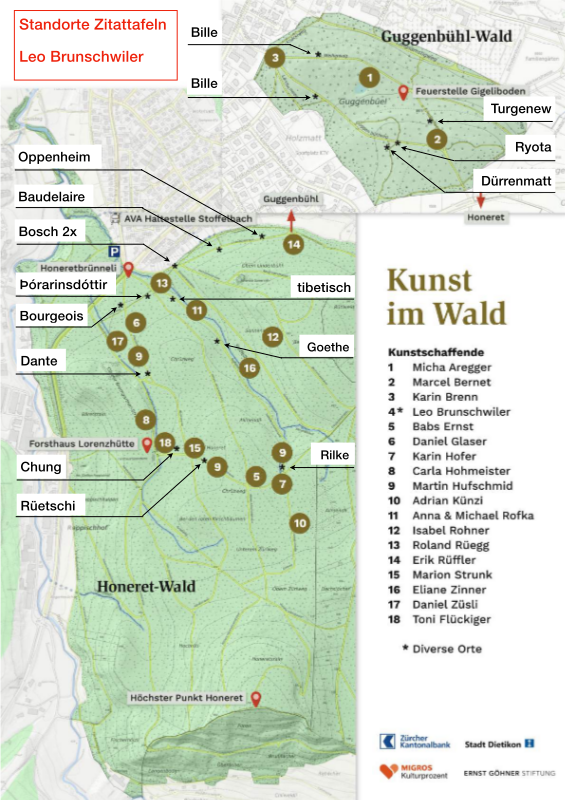 Standorte der Zitattafeln im Dietiker Wald