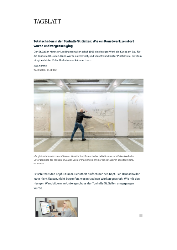 Zeitungsartikel, St. Galler Tagblatt: &quot;Totalschaden in Tonhalle St.Gallen: &#39;Wie ein Kunstwerk zerstört wurde und vergessen ging,&#39; 22.02.2020(ganzer Artikel siehe unter --&gt; mehr Infos --&gt; Attachments)