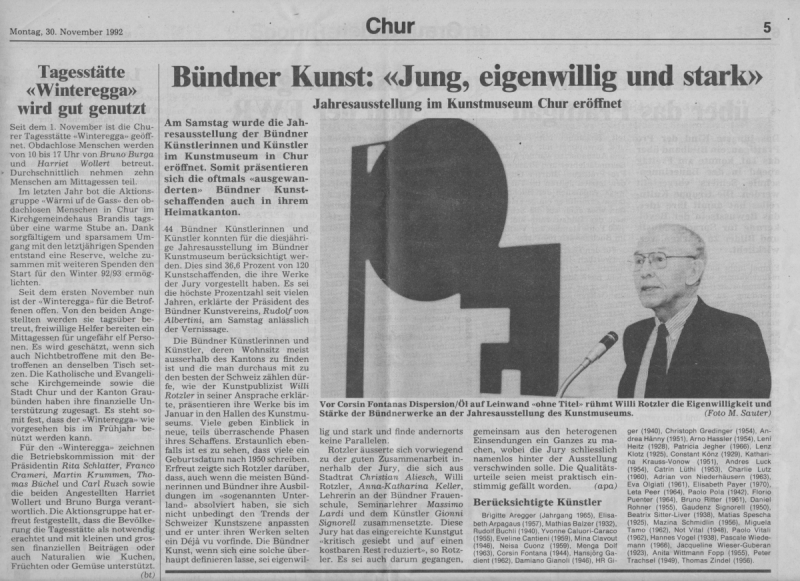 Bündner Kunst: &quot;Jung, eigenwillig und stark&quot;, (apa) Montag, 30. November 1992